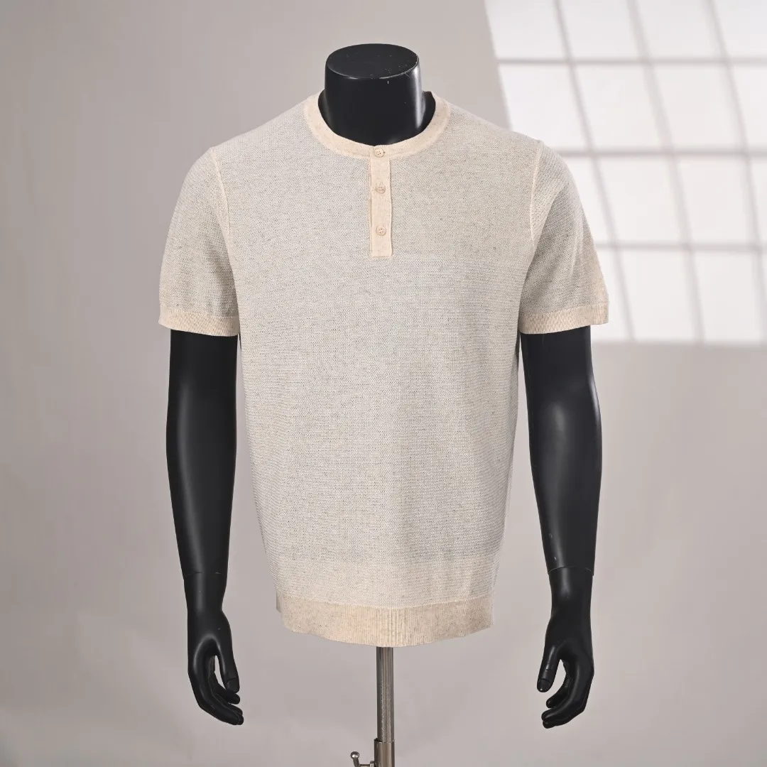 BRUNELLO CUCINELLI BC Beckham Same Style linen blended Henry collar knitted short-sleeved T-shirt actual photos
